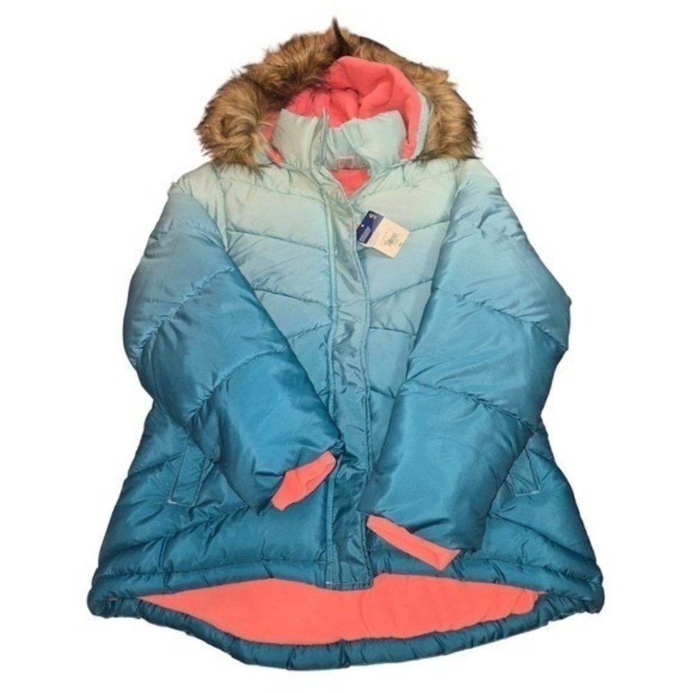 Arizona Jean Co Girls XL 18.5 Plus Blue Ombre Faux Fur Hood Puffer Jacket Coat